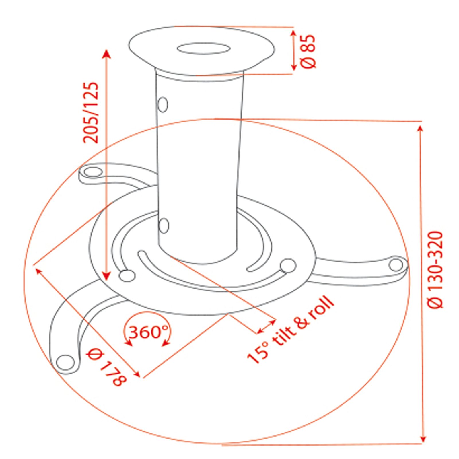 Staffa da soffitto per proiettore LCD, inclinazione 15°, rotazione 360°, altezza 125-205 mm - Showgear 100230