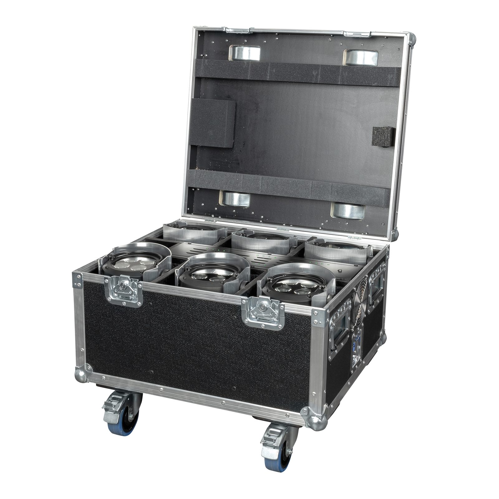 Set 6 fari LED batteria EventSpot 1600 Q4 Black/Silver con baule-caricatore - Showtec 44057