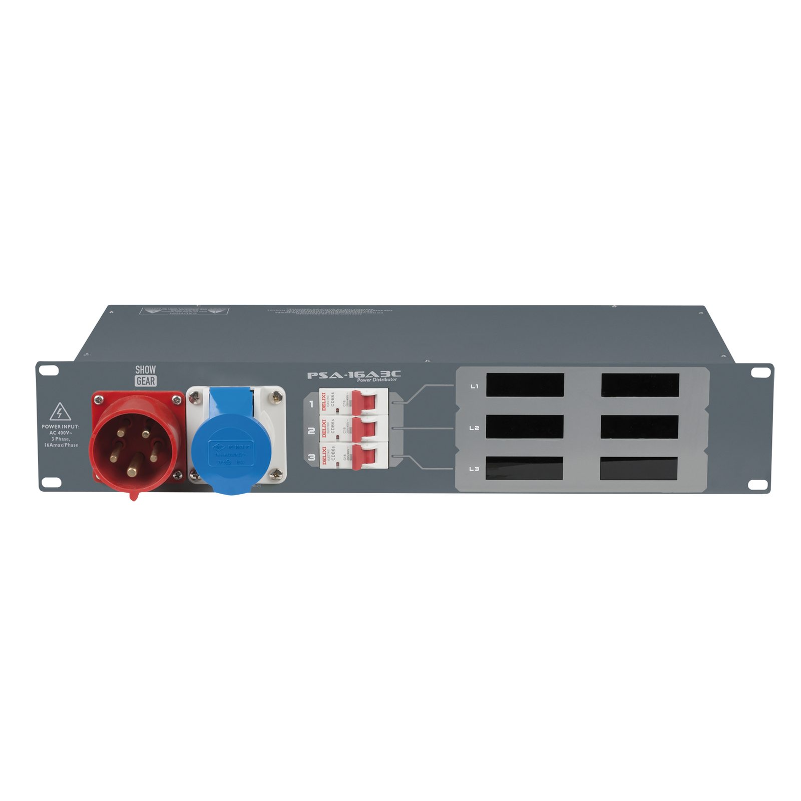 Distributore di corrente PSA-16A3C 16A 3x MCB con display - CEE out - Showgear 50660