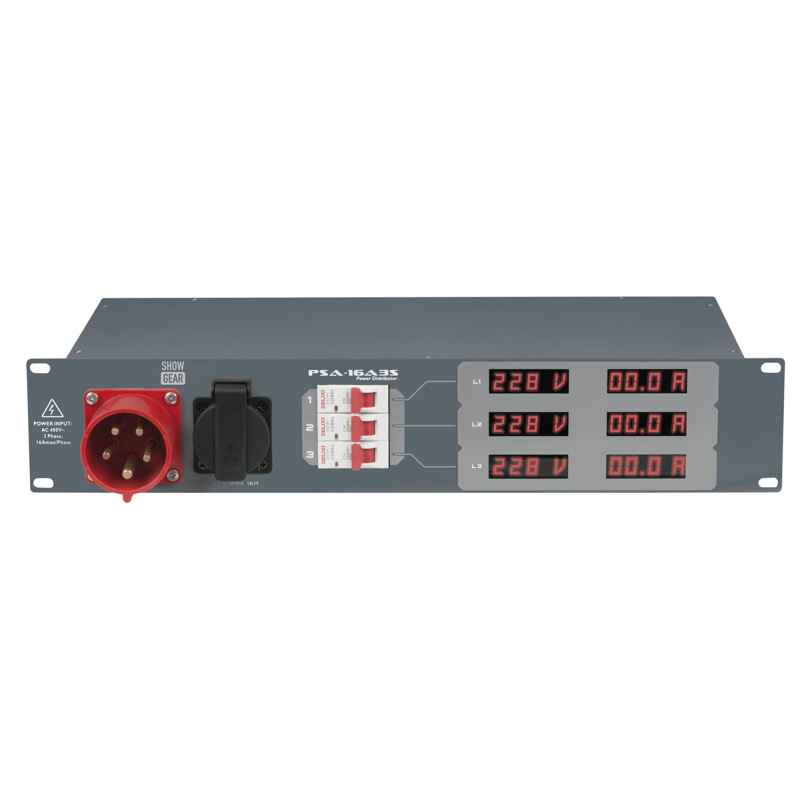 Distributore di corrente PSA-16A3S 16A 3x MCB con display - Uscita Schuko - Showgear 50661