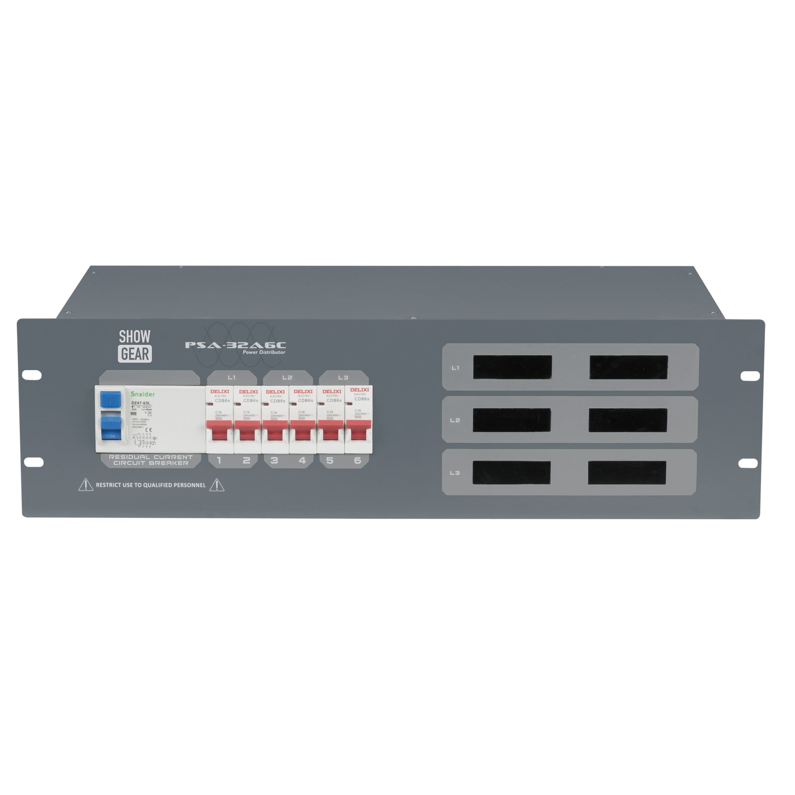 Distributore di corrente PSA-32A6C 32A 6x MCB con monitoraggio - Uscita CEE - Showgear 50662