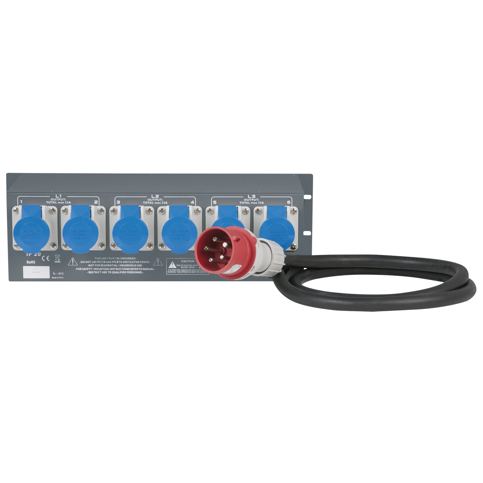 Distributore di corrente PSA-32A6C 32A 6x MCB con monitoraggio - Uscita CEE - Showgear 50662