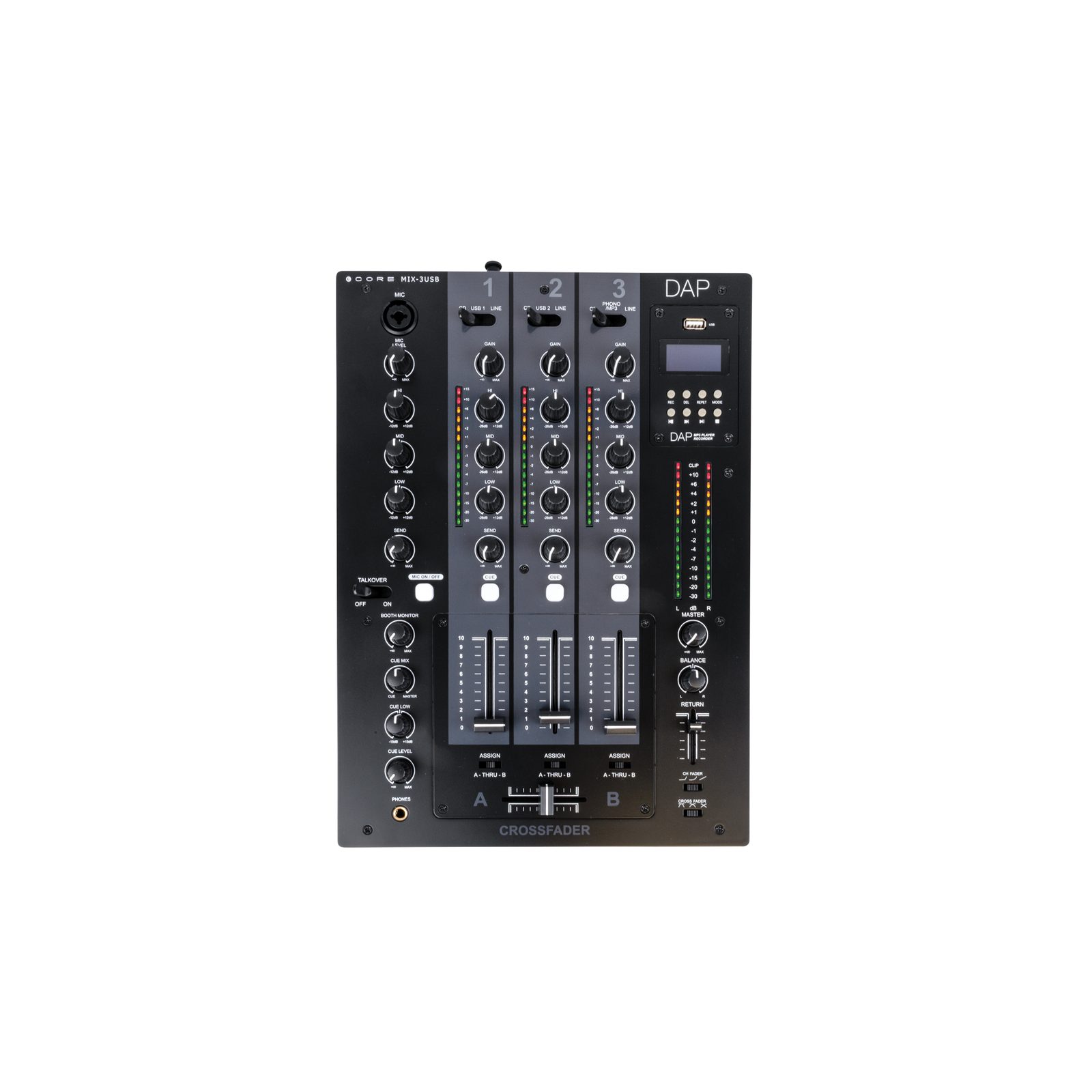 Mixer DJ analogico 3 canali con interfaccia USB, send FX e registratore MP3 - DAP D2303