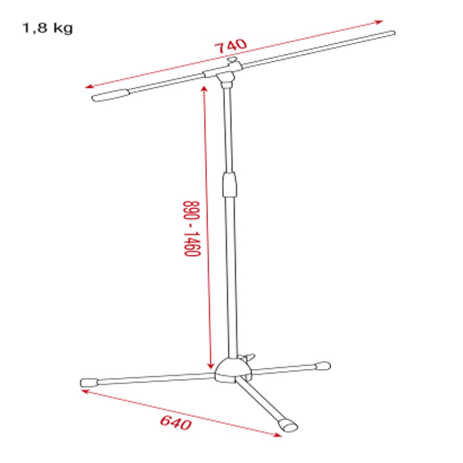 Microphone Boom Stand Lite in alluminio - Altezza 89-146 cm, braccio 74 cm - Showgear D8301