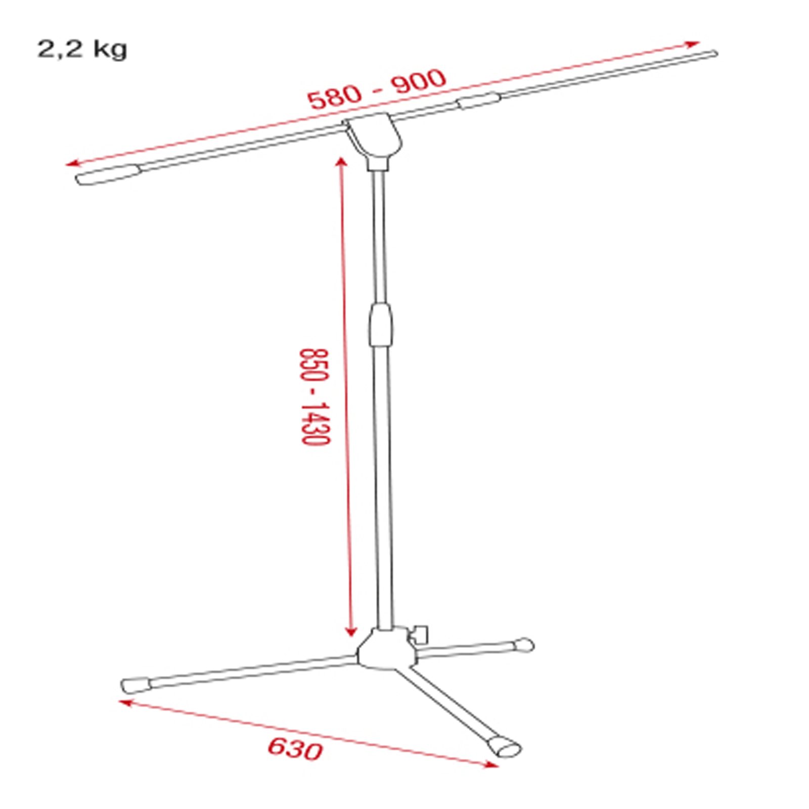 Telescopic Microphone Boom Stand Pro in alluminio - Altezza 85-143 cm, braccio telescopico 58-90 cm - Showgear D8304