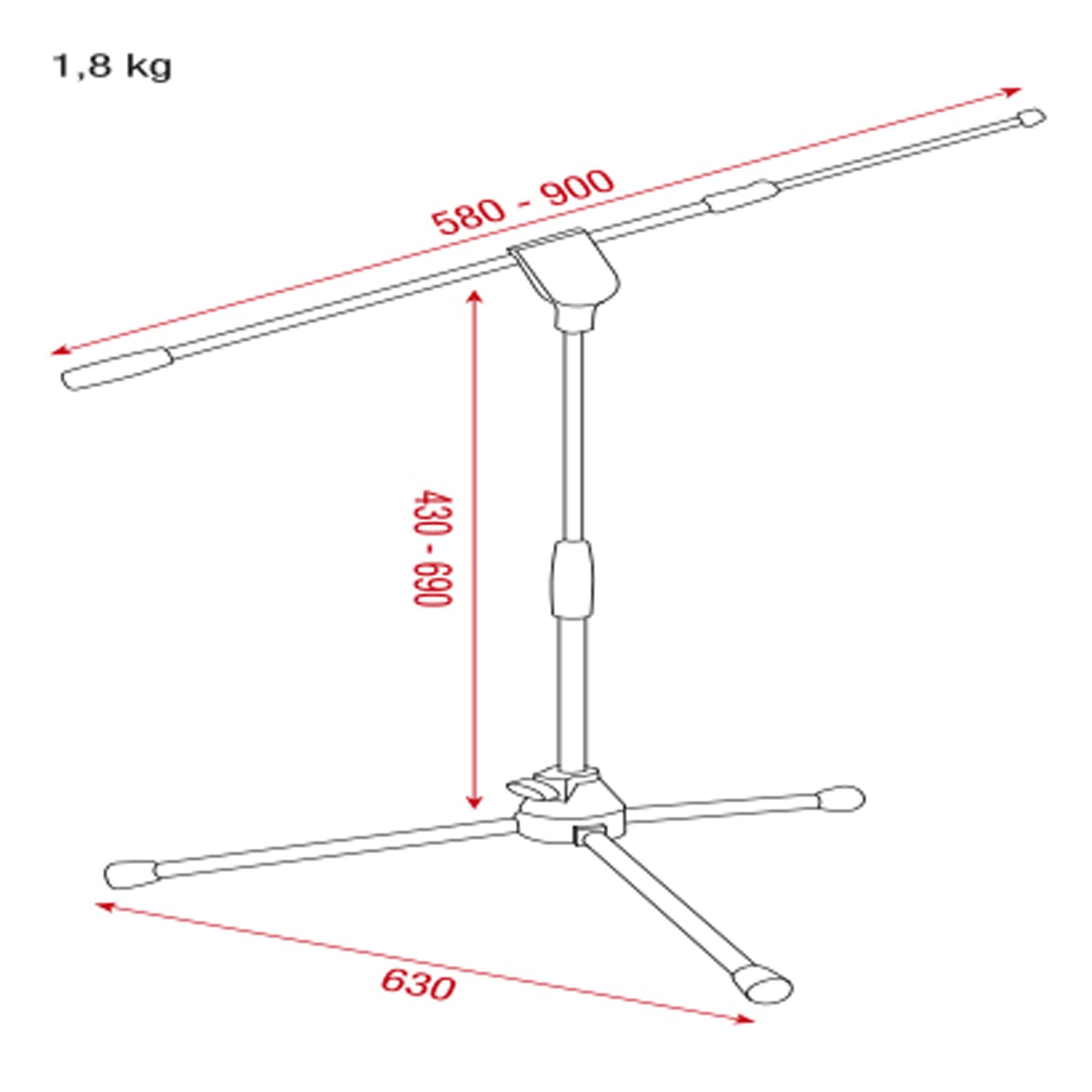 Telescopic Microphone Boom Stand Pro in alluminio - Altezza 43-69 cm, braccio telescopico 58-90 cm - Showgear D8305