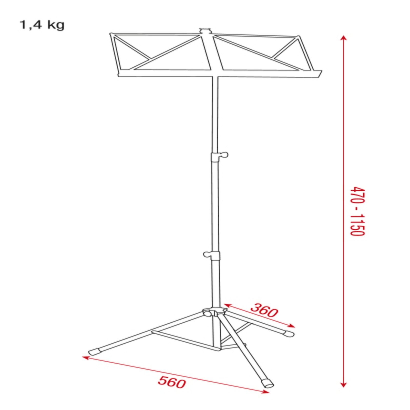 Leggio musicale in metallo con borsa inclusa, regolabile 47-115 cm - Showgear D8351