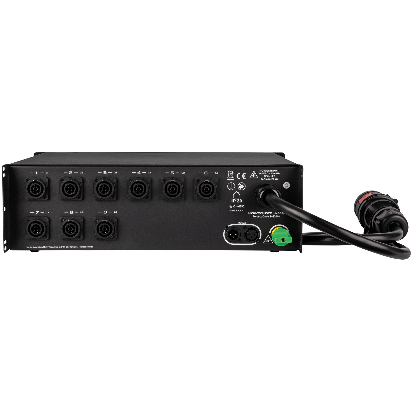 PowerCore 32.9p - Distribuzione 1x 32A a 1x Schuko + 9x PowerPro True con RCBO - Showgear E623004