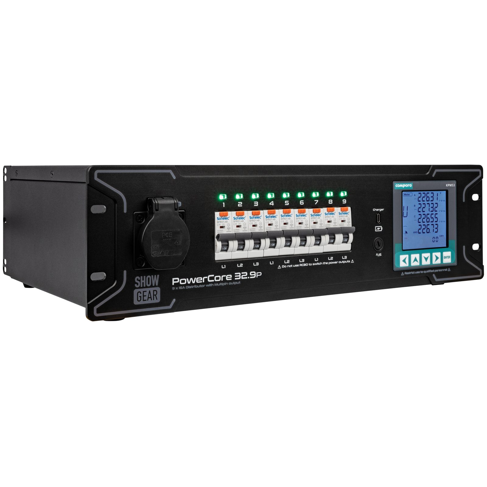 PowerCore 32.9p - Distribuzione 1x 32A a 1x Schuko + 9x PowerPro True con RCBO - Showgear E623004